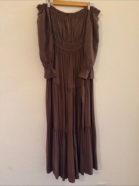 Off-Shoulder Brown Tiered Maxi Dress with Smocked Bodice